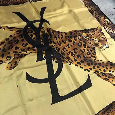 YVES SAINT LAURENT 100% Silk Large Stole Shawl Leopard Print YSL 87x87cm • £95.55