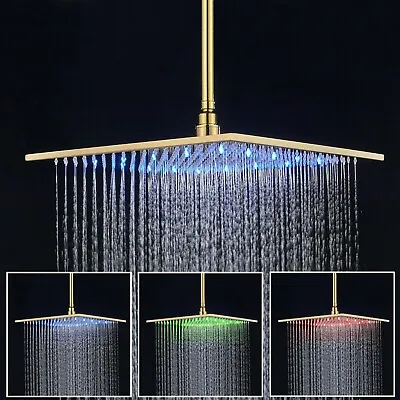 16  Gold LED Rainfall Shower Head Square Bath Large Overhead Shampoo Sprayer • $52