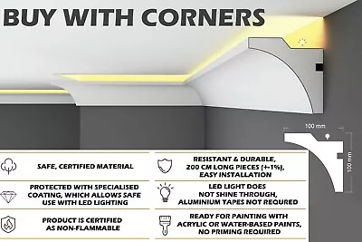 LED COVING PLASTER COATED MOLDING UPLIGHTING SGL11 100mm X 100mm PREMIUM CORNICE • £11.45