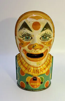 J Chein & Co VTG 1930s  Circus Clown Tin Litho Toy Money Bank USA *No Key* • $40