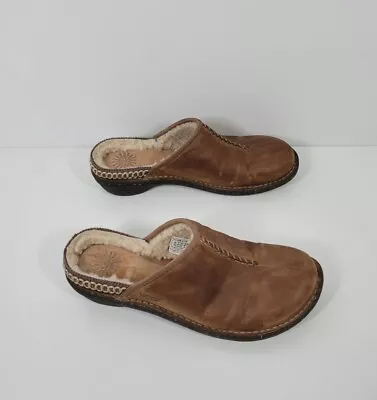 UGG Kohala Brown Leather Fleece Lined Slip On Mules Clog Split Toe 5135 Size 10 • $25.98