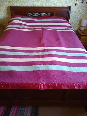 Baron Woolen Mills VTG Wool Blanket Pastel Mint Purple Pink Sun Striped 60 X 75 • $65