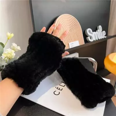 Womens Real Rabbit Rex Fur Knitted Fingerless Elastic Gloves Sleeves Mittens NEW • $19.99