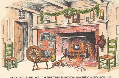 Vintage ART DECO Christmas Card OneSided Spinning Wheel Fireplace Scene 1920-30s • $5