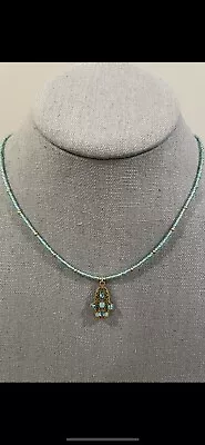 Michal Golan Light Blue Beaded Hamsa Necklace Swarovski Crystal Gold Tone 15-18” • $55