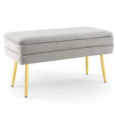 Velvet Upholstered Storage Bench Bedroom Ottoman Bench W/ Removable Top Grey • $69.99