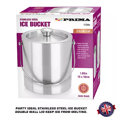 Ice Bucket Stainless Steel Double Wall With Lid & Handle 1.8L Cold Party Drinks • £15.75