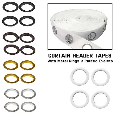 Curtain Header Tape With 40mm Round Metal Rings & Plastic Eyelets 1/2/5/10M Tape • £14.99