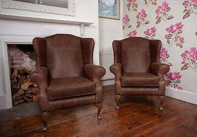 Pair Of Chesterfield Queen Anne High Back Wing Chairs In Vintage Brown Leather  • £1385