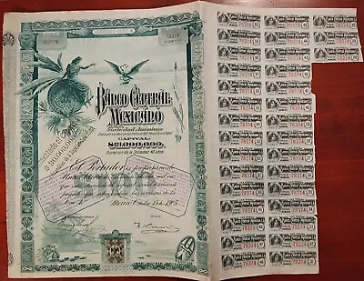 Mexico 1905 Banco Central Mexicano Blueberry $ 100 Pesos Coupons Bond Share Loan • $38