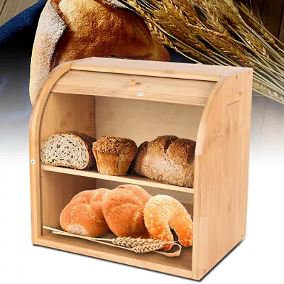 2-Layer Bread Box Bread Keeper Bamboo Wood With Lid Kitchen Storage Containers • $42.75