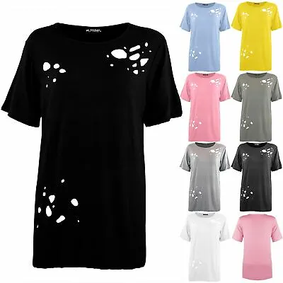 £7.99 • Buy Plus Size Ladies Womens Destroyed Distressed Ripped Laser Cut Out Baggy T Shirt