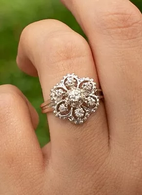 14K Vintage Diamond White Gold Flower Cluster Ring - Cocktail / Engagement • $299