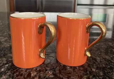 New L'Objet HandMade In Portugal Orange With Gold Trim Coffee Cup One Pair • $100