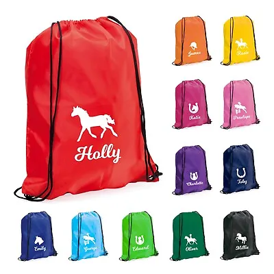 Personalised Name & Horse Silhouette Drawstring Bag Horse Riding Lessons Kit Bag • £4.99
