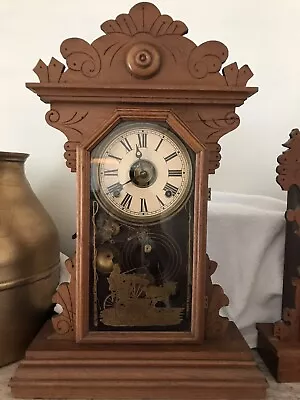 Vintage Antique Grandmothers Wood Mantel Shelf Clock Welch Smuggler Eight Day  • $169.15