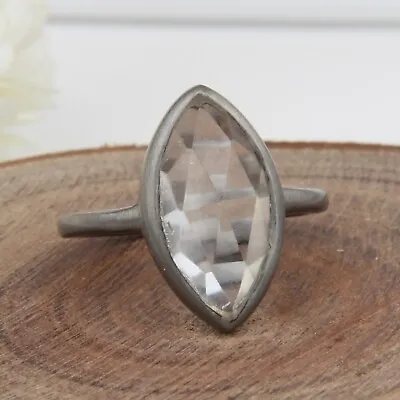 Clear Crystal Quartz Gemstone Ring 925 Silver Black Handmade Ring Jewelry • $18.99