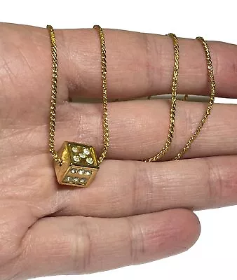 Vintage Rhinestone Die Dice NOS Shiny Goldtone Chain Pendant Necklace TT1354 • $18.99