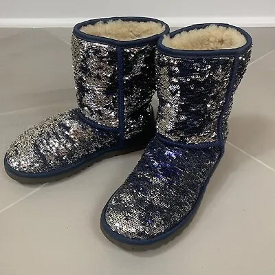 Ugg Classic Short Sequin Boots 1002765 Blue SmSilver Sparkle Women’s Size 5 • $89.88