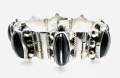 Vintage Plata Iguala Cmb Sterling Silver Onyx Mexico Panel Bracelet • $89.99