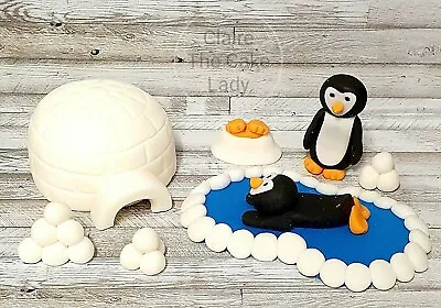 Handmade Edible Christmas Penguin Cake Topper Decoration Set • £18.35