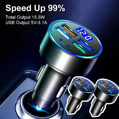 FAST CAR CHARGER 4 USB Port Type-C LED Digital Display Car Charger • £4.09