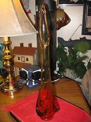 LARGE Mid Century Mod Amber Glass Viking Drape Pattern 20-1/2  Tall Vintage Vase • $95
