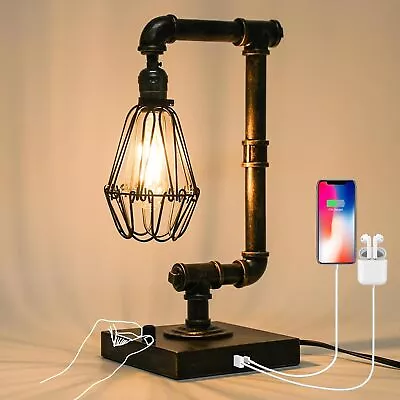 Ganiude Steampunk Table Lamp Industrial Desk Lamp With USB Ports Rustic Edison • $53.98