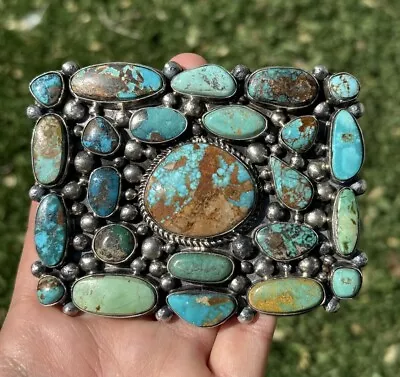 Mens Native American Sterling Silver Royston Turquoise Cluster Belt Buckle KY • $1400