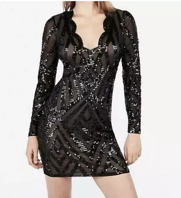 NEW EXPRESS BLACK SCALLOPED SEQUIN VEGAS PARTY MINI DRESS Long Sleeve Stretch XS • $89.99