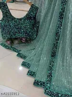 $37.39 • Buy Women's Designer Net Embellished New Sequence Work Saree & Unstitch Blous_Green