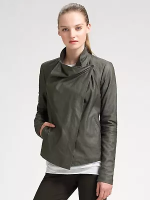 Vince Cowl Neck Draped Asymmetric Paper Thin Ash Gray Green Leather Jacket • $99.99