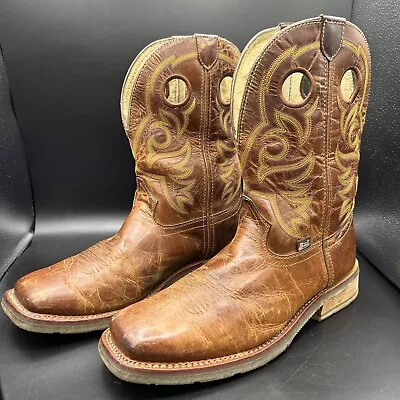 Justin Mens Square Toe Western Boots Leather Size 10.5D Cowboy Brown Pull Holes • $64.99