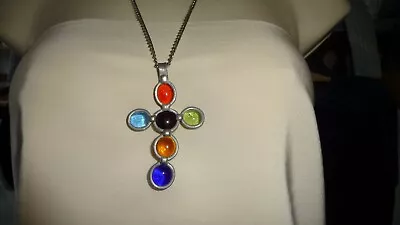 #28 Vtg Costume Necklace Silver Tone W Multi Colored Stones CROSS  • $5.99