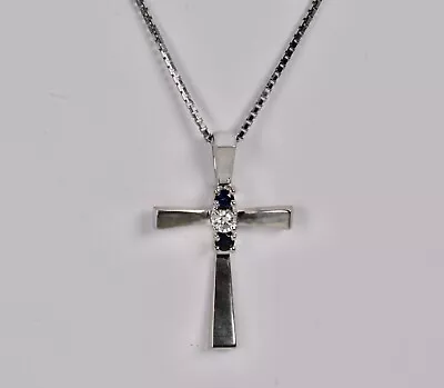 $295.99 • Buy 0.19 Ctw Diamond Cross Pendant With Sapphire Accents Necklace 14k White Gold