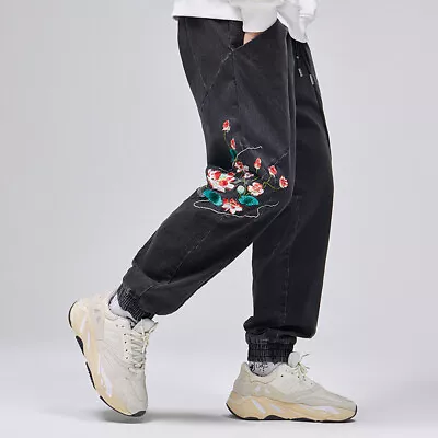 Niepce Lotus Denim Jeans Urban Hip Hop Pants Asian Streetwear Fashion Trousers • $42.25