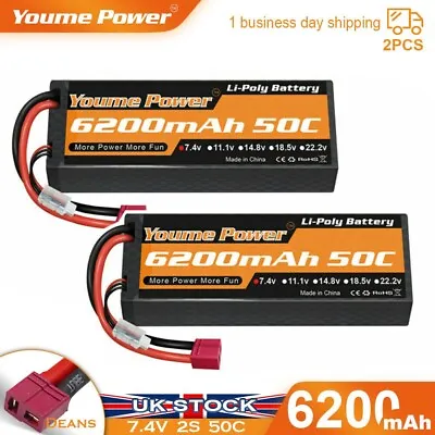 2pcs Youme 7.4V 6200mAh 2S LiPo Battery Deans For RC Car Truck  Buggy Boat Drone • £42.99