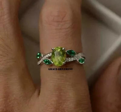3CT Oval Cut Simulated Green Peridot And Emerald Ring 14K White Gold Plated. • $110.49