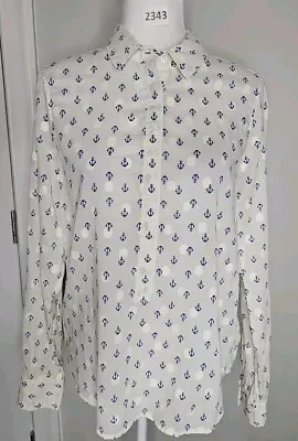 J. CREW SZ MEDIUM Anchor Print Button Down Blouse TOP  Long Sleeve Sheer • $22