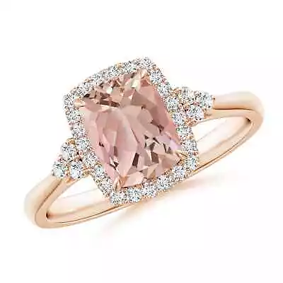 ANGARA Cushion Morganite Halo Ring With Trio Diamonds For Women In 14K Gold • $1451.12