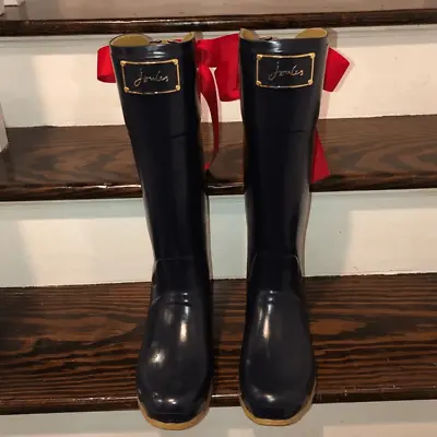 JOULES EVEDON Navy Blue Tall Rain Boots With Red Bows US Sz 8 • $200