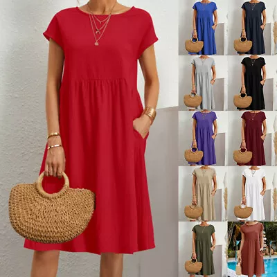 Womens Summer Loose Fit Mini Dress Ladies Short Sleeve Cotton Linen Sundress UK • £11.49