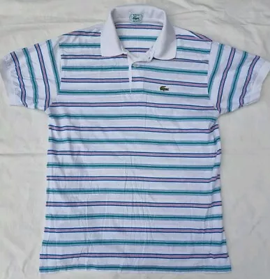 Vintage Lacoste Polo Shirt Izod White Multicoloured Stripes Cotton LARGE  • £24.99