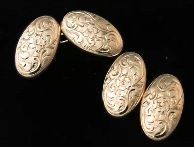 Antique George V Chased & Engraved 9ct Gold Chain Cufflinks 18.7 Mm Ovals • £115