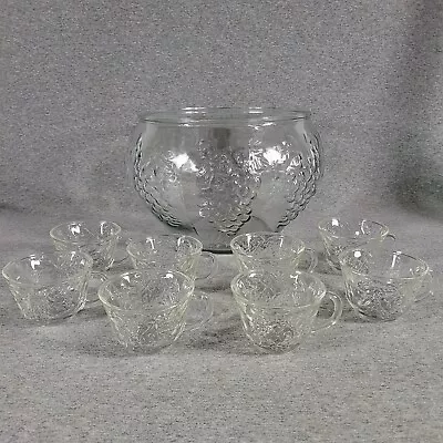 Celebration Indiana Glass Punch Bowl Set Vintage Grape Vine 8 Cups  • $20