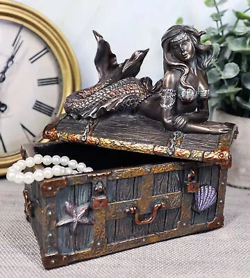 Bronzed Mermaid Nerida Resting On Sunken Treasure Jewelry Box Figurine 5.25 L • $35.99