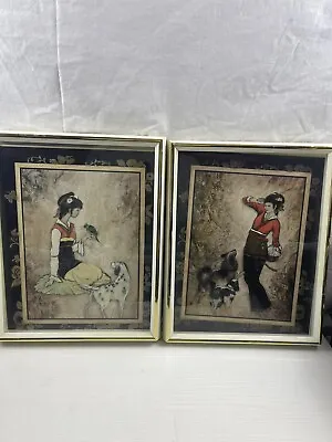 Vintage Framed T.C. Chiu 3D Wall Print Girl With Bird And Dog 2 Pc Set • $80