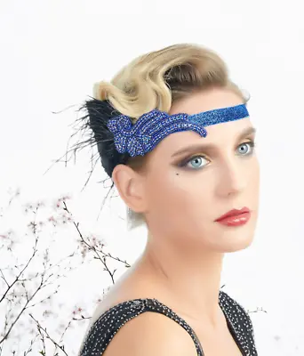 1920s Headband Blue Rhinestone Black Feather Headpiece Flapper Great Gatsby • $9.99