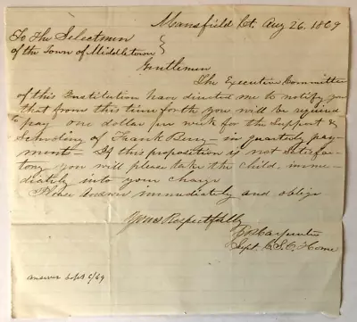 MANSFIELD CT 1869 LETTER From Connecticut Soldiers Orphans Home To Middletown CT • $22.50
