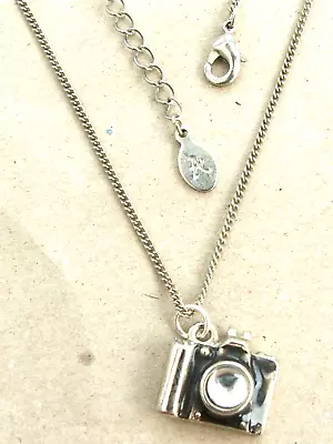 Silver Tone Chain Necklace Silver Tone Black Enamel (?) Sparkle Camera Pendant • £5.75